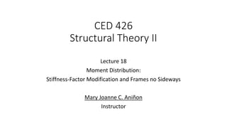 CED 426
Structural Theory II
Lecture 18
Moment Distribution:
Stiffness-Factor Modification and Frames no Sideways
Mary Joanne C. Aniñon
Instructor
 