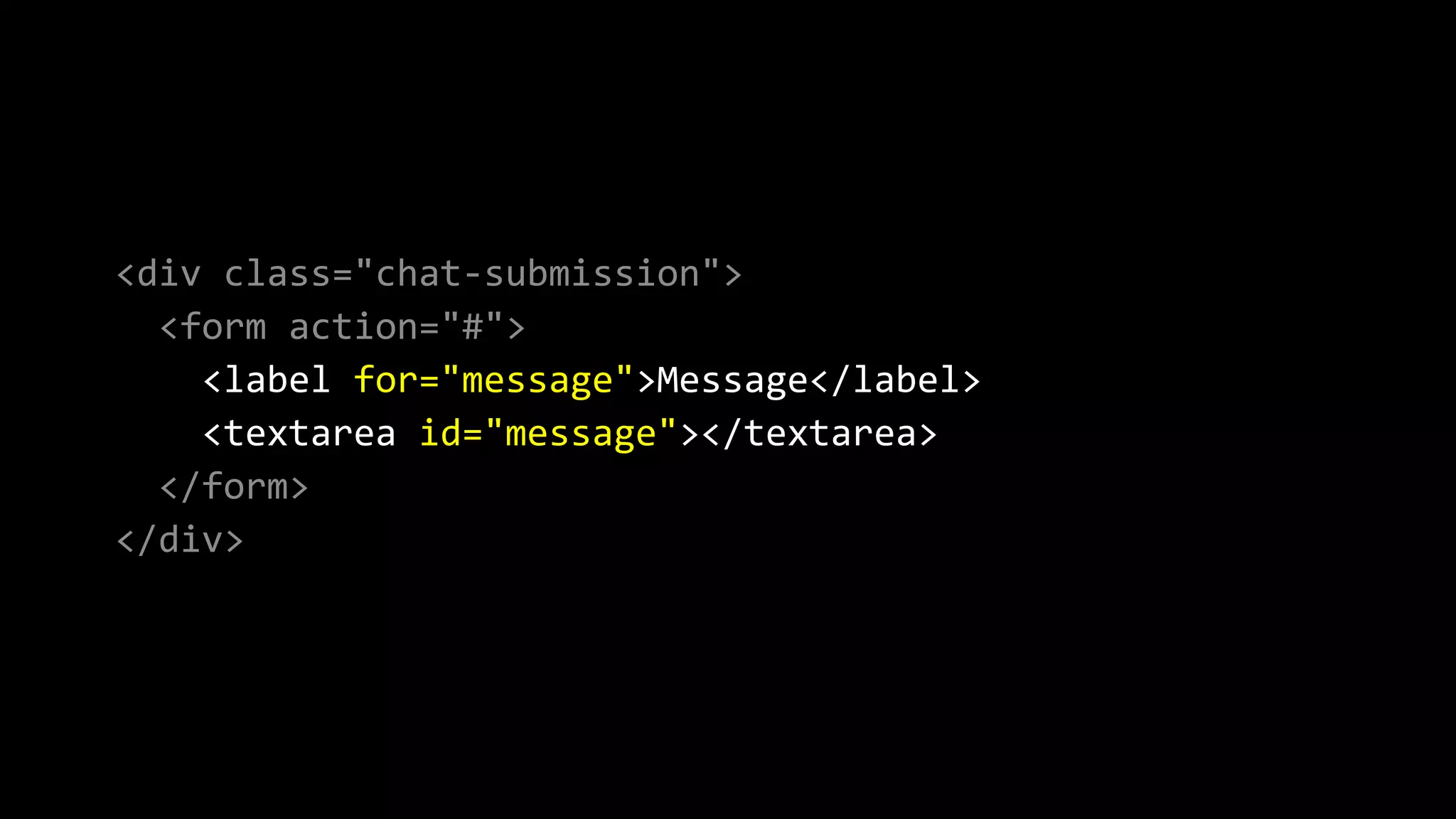<div class="chat-submission">
<form action="#">
<label for="message">Message</label>
<textarea id="message"></textarea>
</form>
</div>
 