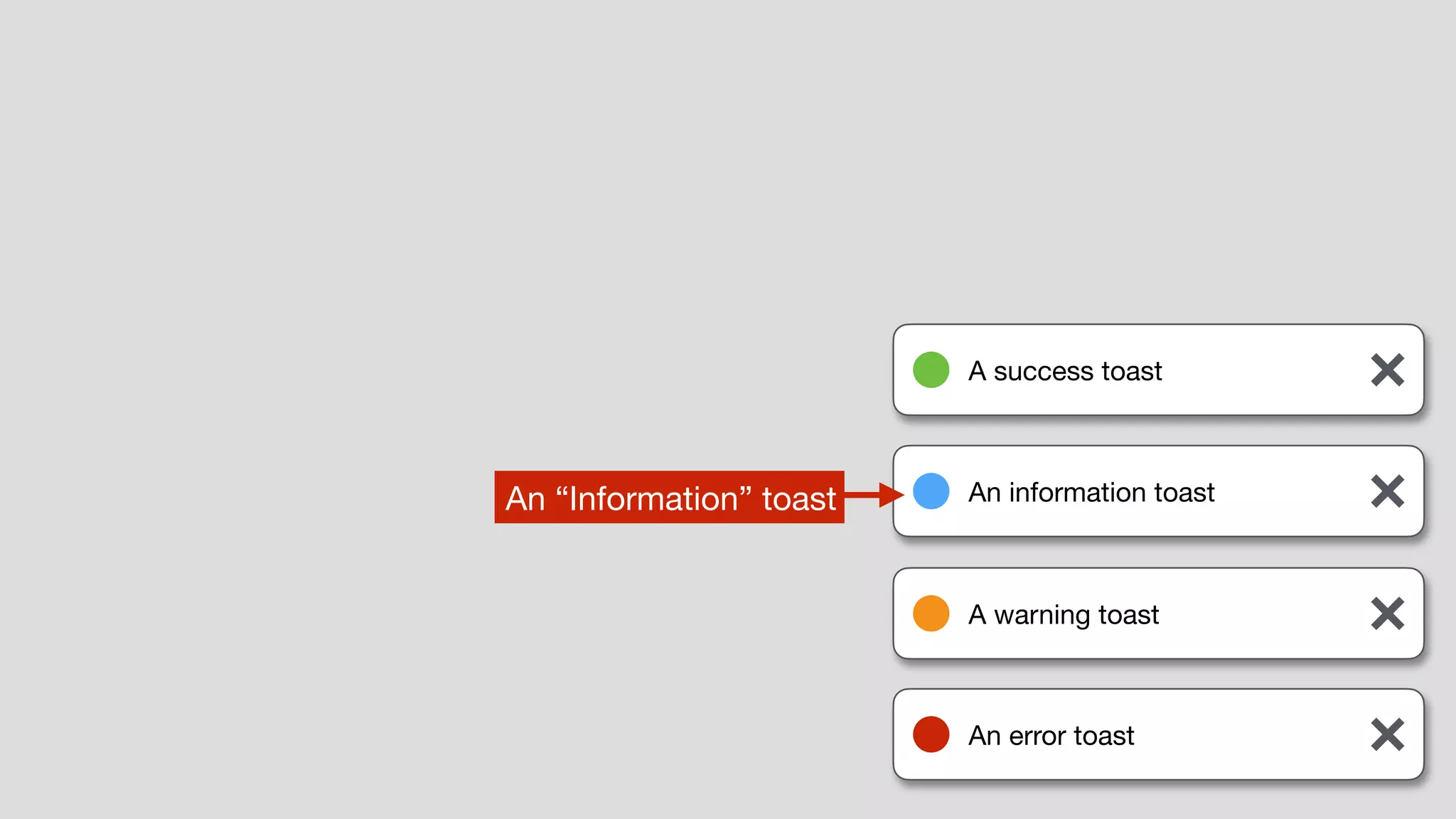 A success toast
An information toast
A warning toast
An error toast
An “Information” toast
 