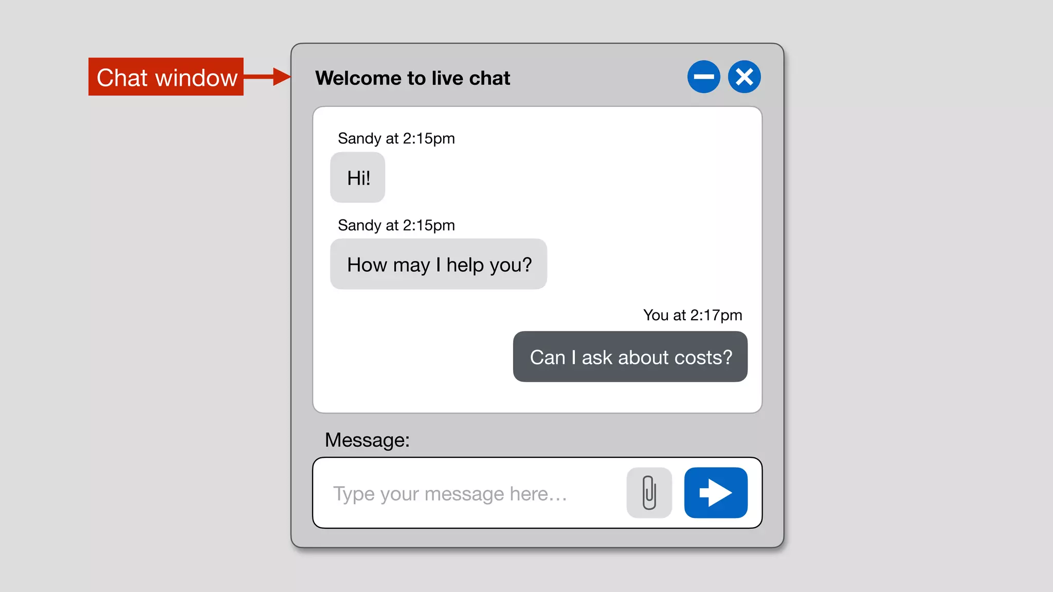 Welcome to live chat
Type your message here…
Chat window
Hi!
How may I help you?
Can I ask about costs?
Sandy at 2:15pm
Sandy at 2:15pm
You at 2:17pm
Message:
 