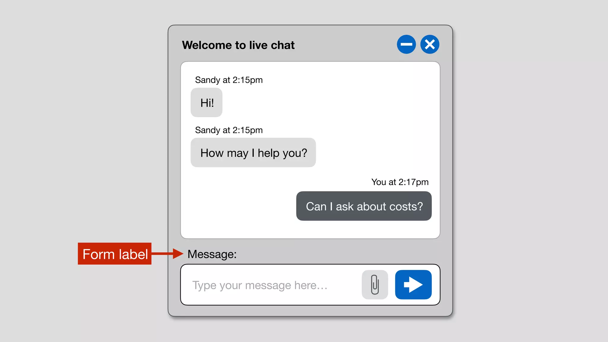 Welcome to live chat
Type your message here…
Form label
Hi!
How may I help you?
Can I ask about costs?
Sandy at 2:15pm
Sandy at 2:15pm
You at 2:17pm
Message:
 