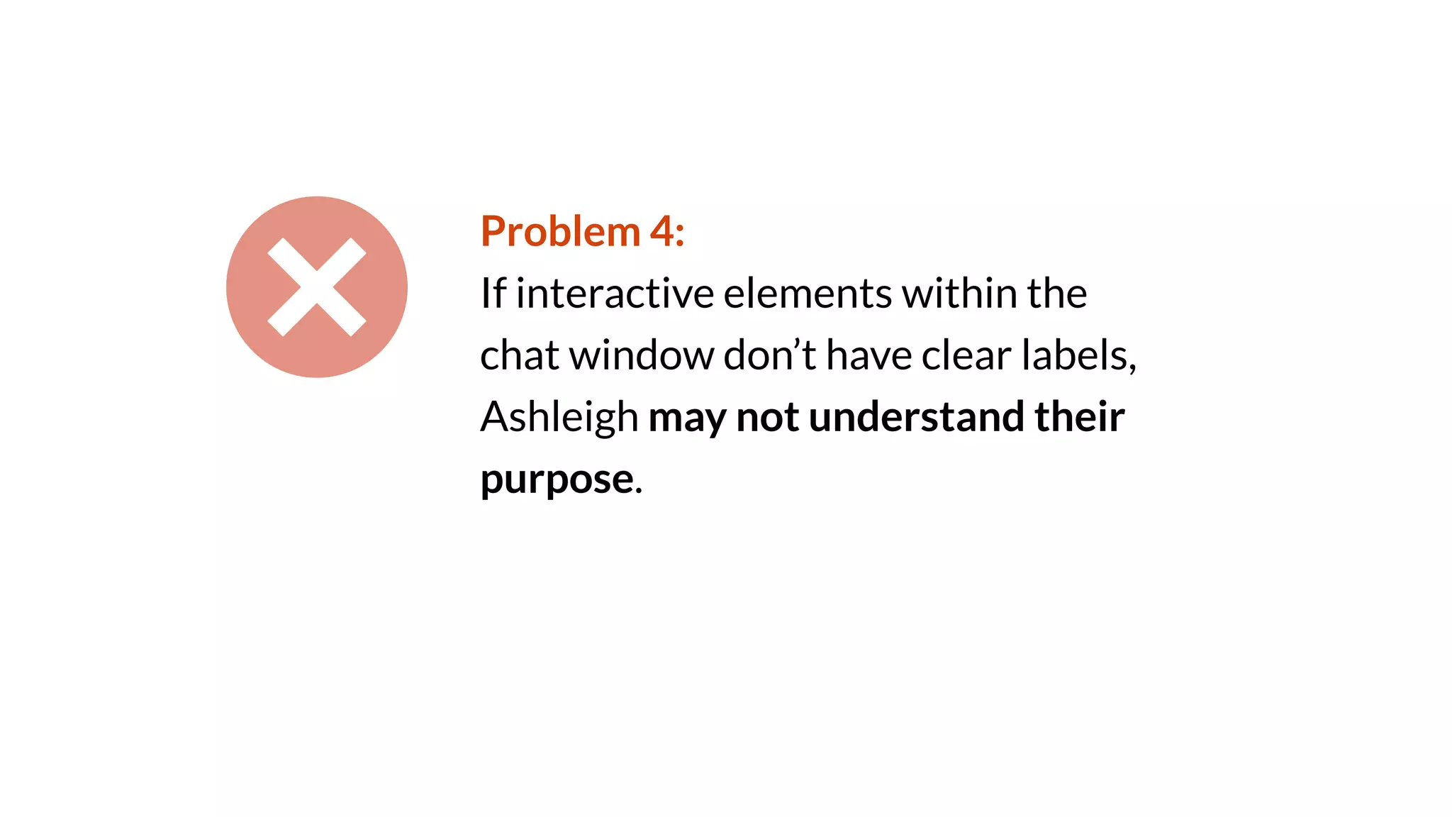 Problem 4:
If interactive elements within the
chat window don’t have clear labels,
Ashleigh may not understand their
purpose.
 