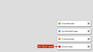 A success toast
An information toast
A warning toast
An error toast
An “Error” toast
 