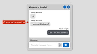Welcome to live chat
Type your message here…
Conversation window
Hi!
How may I help you?
Can I ask about costs?
Sandy at 2:15pm
Sandy at 2:15pm
You at 2:17pm
Message:
 