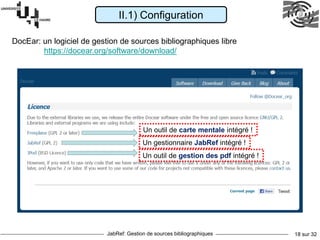 JabRef: Gestion de sources bibliographiques 18 sur 32
II.1) Configuration
DocEar: un logiciel de gestion de sources bibliographiques libre
https://docear.org/software/download/
Un gestionnaire JabRef intégré !
Un outil de carte mentale intégré !
Un outil de gestion des pdf intégré !
 