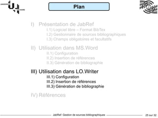 JabRef: Gestion de sources bibliographiques 25 sur 32
Plan
I) Présentation de JabRef
I.1) Logiciel libre – Format BibTex
I.2) Gestionnaire de sources bibliographiques
I.3) Champs obligatoires et facultatifs
II) Utilisation dans MS.Word
II.1) Configuration
II.2) Insertion de références
II.3) Génération de bibliographie
III) Utilisation dans LO.Writer
III.1) Configuration
III.2) Insertion de références
III.3) Génération de bibliographie
IV) Références
 