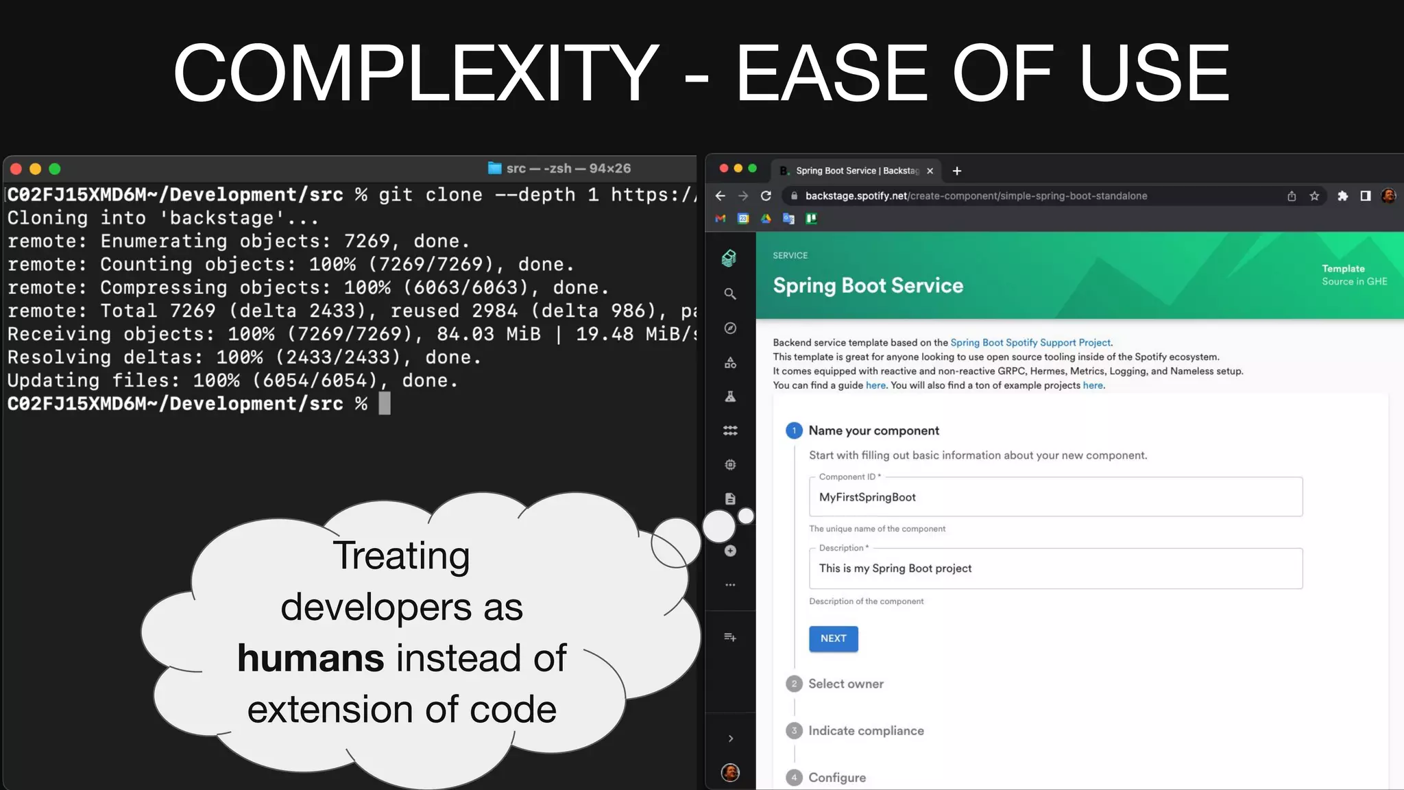 COMPLEXITY - EASE OF USE
COMPLEXITY - EASE OF USE
Treating
developers as
humans instead of
extension of code
 
