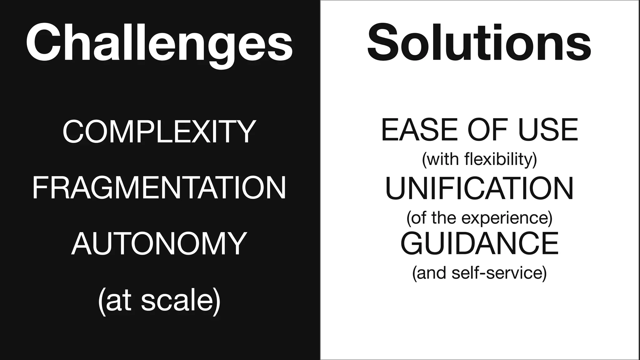 Challenges
COMPLEXITY
FRAGMENTATION
AUTONOMY
(at scale)
Solutions
EASE OF USE
(with ﬂexibility)
UNIFICATION
(of the experience)
GUIDANCE
(and self-service)
 