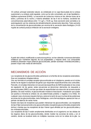 4
El cortisol, principal esteroide natural, es sintetizado en la capa fasciculada de la corteza
suprarrenal y su síntesis está regulada, como ya ha sido comentado, por el eje hipotálamo-
hipófisis-suprarrenal (EHHS). La secreción de cortisol es mínima en las últimas horas de la
tarde y primeras de la noche y máxima alrededor de las 8 de la mañana, oscilando las
concentraciones plasmáticas entre 1-5 ug/l y 15-20 ug. Esta secreción está sometida a la
autorregulación por los sistemas de retroalimentación previamente descritos. Todo aumento
de la concentración de glucocorticoides por encima de la secreción diaria fisiológica (14-20
mg/día de cortisol) produce inhibición de la secreción endógena.
A partir del cortisol, modificando su estructuraquímica, se han obtenido numerosos derivados
sintéticos que mantienen algunas de sus propiedades y mejoran otras. Los compuestos
sintéticos presentan mayor potencia glucocorticoide, pierden actividad mineralocorticoides y
poseen mayor vida media de eliminación.
MECANISMOS DE ACCIÓN
Los receptores de los glucocorticoides pertenecen a la familia de los receptores esteroideos.
Que son receptores intraplasmáticos.
Una vez formado el complejo receptor-glucocorticoide en el citoplasma, penetra en el núcleo
donde ha de regular la expresión de genes que responden específicamente a los corticoides.
Para ello, el complejo interactúa con secuencias específicas de ADN localizadas en las zonas
de regulación de los genes; estas secuencias se denominan elementos de respuesta a
glucocorticoides (GRE) y son las que dotan de especificidad a la inducción de la transcripción
genética. De esta manera, el glucocorticoide modula la trascripción, modulación que puede
ser positiva si fomenta la síntesis de una determinada proteína o negativa si la inhibe. En
cualquier caso,el procesorequiere tiempo y esta es la razón de que muchas de las poderosas
acciones de los glucocorticoides, tanto fisiológicas, como farmacológicas, aparezcan tras un
período de latencia de varias horas.
Existen dos tipos de receptores que pueden interactuar los glucocorticoides. Los receptores
de tipo II fijan exclusivamente a los glucocorticoides (receptores glucocorticoides propiamente
dichos), mientas que los receptores de tipo I tienen igual afinidad por los glucocorticoides y
los mineralocorticoides.
Los receptores de tipo II están ampliamente distribuidos en el organismo: en las células de
los órganos diana de los glucocorticoides, donde median las acciones de estos, y en el
cerebro, donde se localizan tanto en múltiples neuronas como en la célula de la glía. La
 