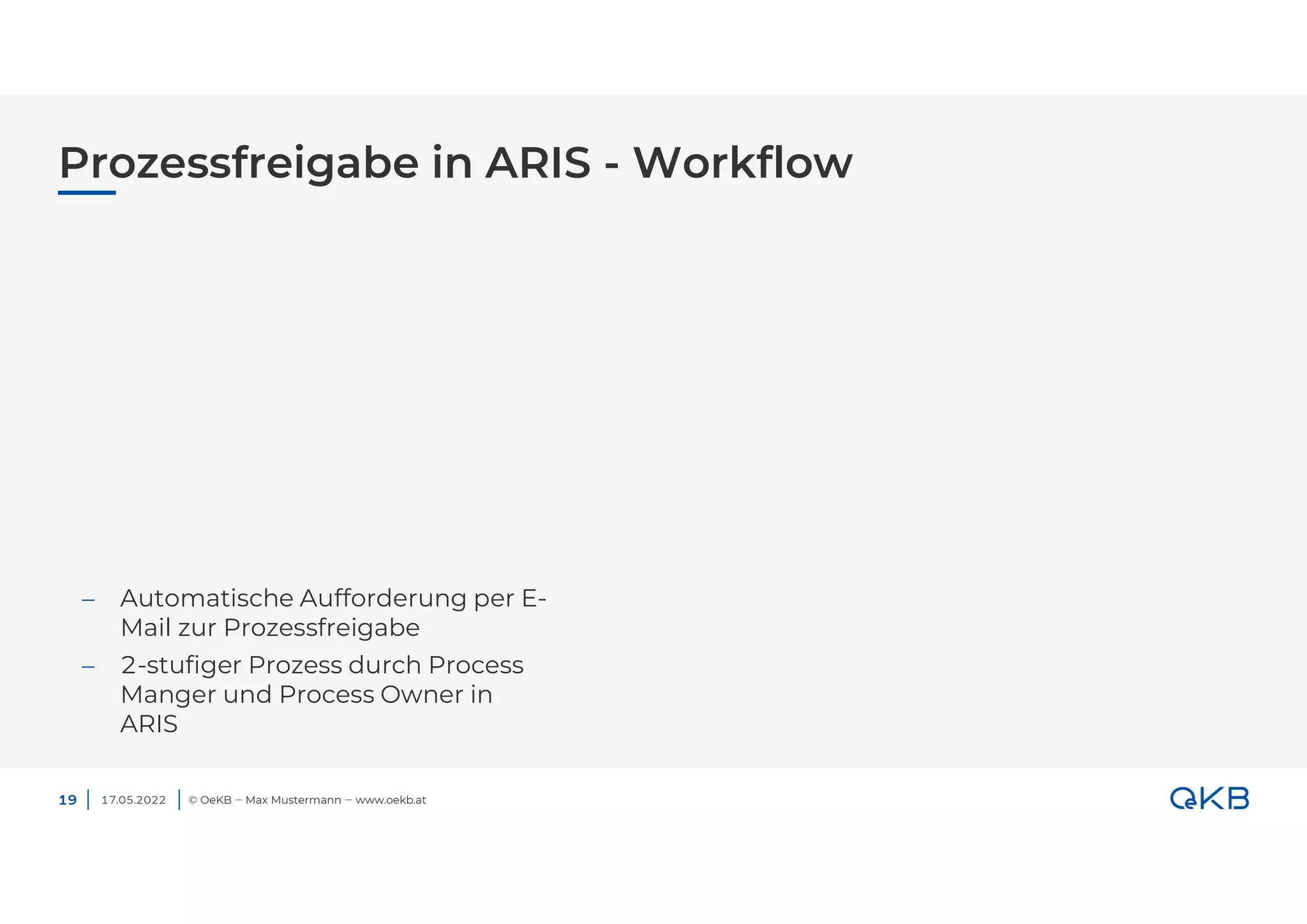Prozessfreigabe in ARIS - Workflow
17.05.2022 © OeKB ‒ Max Mustermann ‒ www.oekb.at
19
 Automatische Aufforderung per E-
Mail zur Prozessfreigabe
 2-stufiger Prozess durch Process
Manger und Process Owner in
ARIS
 