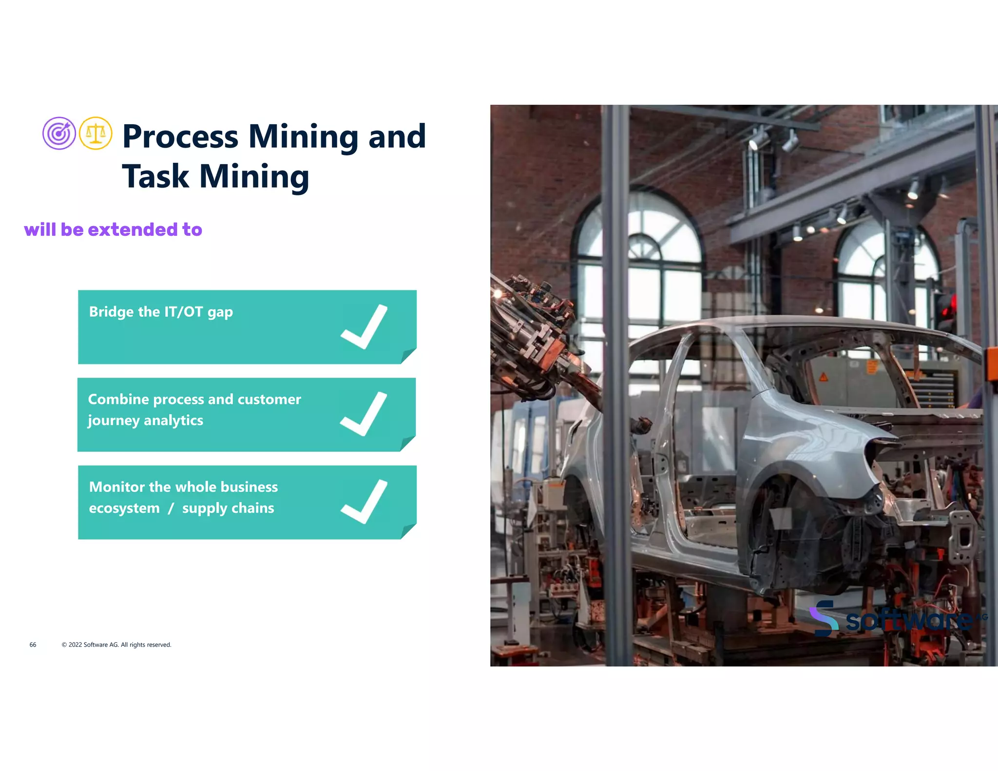 Process Mining and
Task Mining
© 2022 Software AG. All rights reserved.
66
will be extended to
Combine process and customer
journey analytics
Bridge the IT/OT gap
Monitor the whole business
ecosystem / supply chains
 