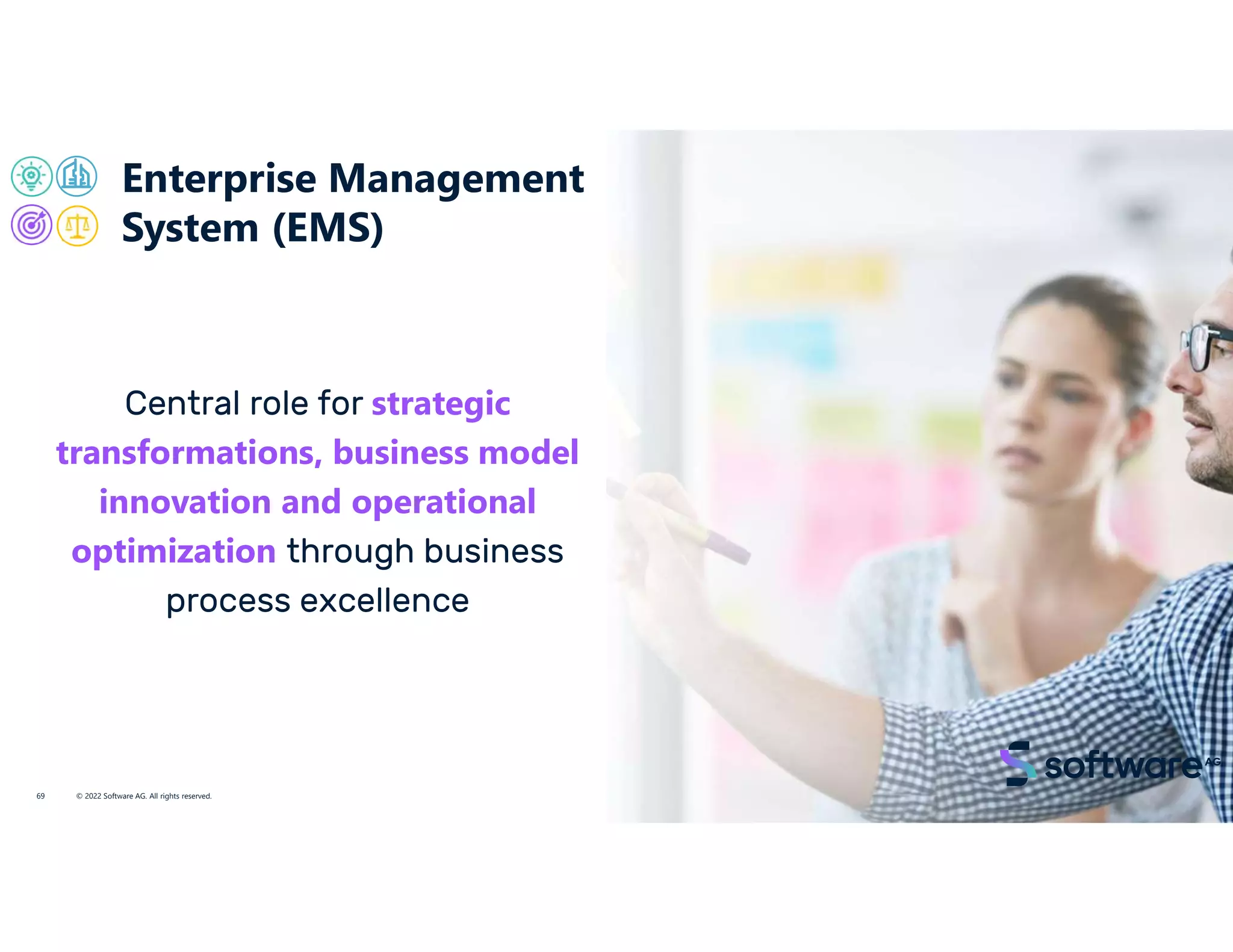 Enterprise Management
System (EMS)
© 2022 Software AG. All rights reserved.
69
Central role for strategic
transformations, business model
innovation and operational
optimization through business
process excellence
 