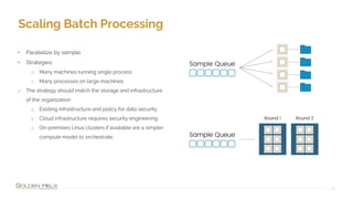 Scaling Batch Processing
13
• Parallelize by sample
• Strategies:
o Many machines running single process
o Many processes on large machines
o The strategy should match the storage and infrastructure
of the organization
o Existing infrastructure and policy for data security
o Cloud infrastructure requires security engineering
o On-premises Linux clusters if available are a simpler
compute model to orchestrate.
 