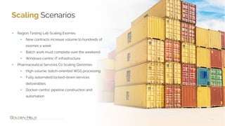 Scaling Scenarios
14
• Region Testing Lab Scaling Exomes
• New contracts increase volume to hundreds of
exomes a week
• Batch work must complete over the weekend
• Windows-centric IT infrastructure
• Pharmaceutical Services Co Scaling Genomes
• High volume, batch-oriented WGS processing
• Fully automated locked-down services
deliverables
• Docker-centric pipeline construction and
automation
 