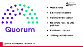 Quorum Blockchain vs Ethereum 2.0
● Open Source
● Ethereum compatible
● Community Blockchain
● No Mining Fees, no CO2
pollution
● Role based concept
● JP Morgan & Microsoft
 