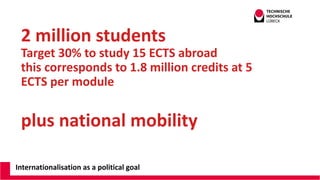 Internationalisation as a political goal
2 million students
Target 30% to study 15 ECTS abroad
this corresponds to 1.8 million credits at 5
ECTS per module
plus national mobility
 