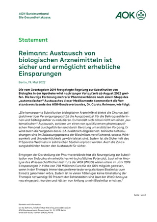 Pressestatement des AOK-Bundesverbandes vom 19. Mai 2022: Reimann: Austausch von biologischen Arzneimitteln ist sicher und ermöglicht erhebliche Einsparungen