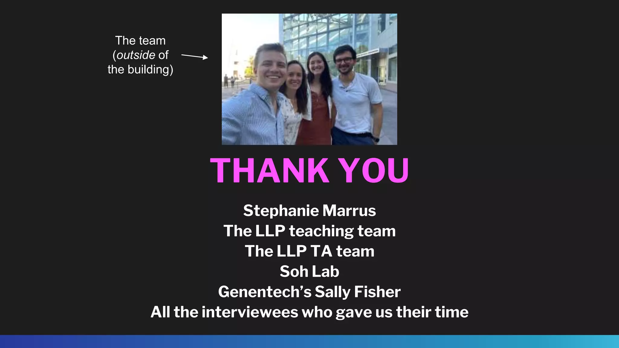 THANK YOU
Stephanie Marrus
The LLP teaching team
The LLP TA team
Soh Lab
Genentech’s Sally Fisher
All the interviewees who gave us their time
The team
(outside of
the building)
 