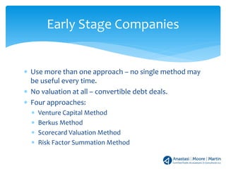 ∗ Use more than one approach – no single method may
be useful every time.
∗ No valuation at all – convertible debt deals.
∗ Four approaches:
∗ Venture Capital Method
∗ Berkus Method
∗ Scorecard Valuation Method
∗ Risk Factor Summation Method
Early Stage Companies
 