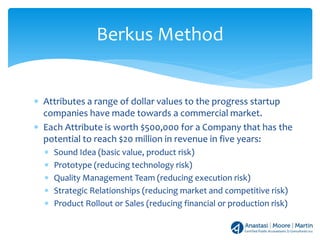 ∗ Attributes a range of dollar values to the progress startup
companies have made towards a commercial market.
∗ Each Attribute is worth $500,000 for a Company that has the
potential to reach $20 million in revenue in five years:
∗ Sound Idea (basic value, product risk)
∗ Prototype (reducing technology risk)
∗ Quality Management Team (reducing execution risk)
∗ Strategic Relationships (reducing market and competitive risk)
∗ Product Rollout or Sales (reducing financial or production risk)
Berkus Method
 
