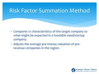 ∗ Compares 12 characteristics of the target company to
what might be expected in a fundable seed/startup
company.
∗ Adjusts the average pre-money valuation of pre-
revenue companies in the region.
Risk Factor Summation Method
 