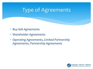 ∗ Buy-Sell Agreements
∗ Shareholder Agreements
∗ Operating Agreements, Limited Partnership
Agreements, Partnership Agreements
Type of Agreements
 