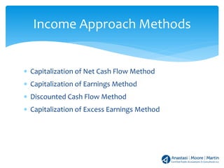 ∗ Capitalization of Net Cash Flow Method
∗ Capitalization of Earnings Method
∗ Discounted Cash Flow Method
∗ Capitalization of Excess Earnings Method
Income Approach Methods
 