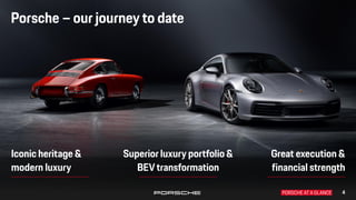 4
Porsche – our journey to date
Iconic heritage &
modern luxury
Great execution &
financial strength
Superior luxury portf...