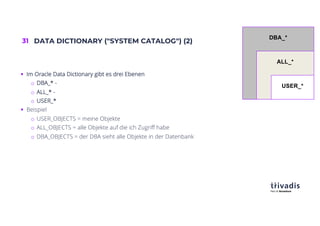 31 DATA DICTIONARY ("SYSTEM CATALOG") (2)
§ Im Oracle Data Dictionary gibt es drei Ebenen
o DBA_* -
o ALL_* -
o USER_*
§ Beispiel
o USER_OBJECTS = meine Objekte
o ALL_OBJECTS = alle Objekte auf die ich Zugriff habe
o DBA_OBJECTS = der DBA sieht alle Objekte in der Datenbank
DBA_*
ALL_*
USER_*
 