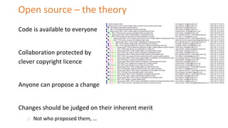 Open source – the theory
Code is available to everyone
Collaboration protected by
clever copyright licence
Anyone can prop...