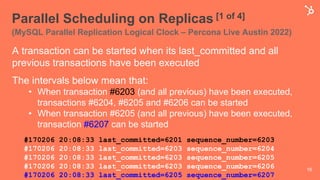 Parallel Scheduling on Replicas [1 of 4]
(MySQL Parallel Replication Logical Clock – Percona Live Austin 2022)
16
A transaction can be started when its last_committed and all
previous transactions have been executed
The intervals below mean that:
• When transaction #6203 (and all previous) have been executed,
transactions #6204, #6205 and #6206 can be started
• When transaction #6205 (and all previous) have been executed,
transaction #6207 can be started
#170206 20:08:33 last_committed=6201 sequence_number=6203
#170206 20:08:33 last_committed=6203 sequence_number=6204
#170206 20:08:33 last_committed=6203 sequence_number=6205
#170206 20:08:33 last_committed=6203 sequence_number=6206
#170206 20:08:33 last_committed=6205 sequence_number=6207
 