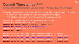 Commit Timestamps [2 of 3]
(MySQL Parallel Replication Logical Clock – Percona Live Austin 2022)
In below, the update id=3 ran while the update id=1 was not yet committed:
• Insert id=4 and update id=1 can run in parallel on a replica
• (Note that nothing commit at the same time à no group commit)
Session #1: CREATE TABLE t(id INT PRIMARY KEY, v INT);
Session #1: INSERT INTO t VALUES (1,1),(2,2),(3,3);
Session #2: BEGIN; UPDATE t SET v = 11 WHERE id = 1;
Session #3: UPDATE t SET v = 33 WHERE id = 3;
Session #1: INSERT INTO t VALUES (4,4);
Session #2: COMMIT;
#220410 11:21:47 last_committed=0 sequence_number=1 -- CREATE
#220410 11:21:49 last_committed=1 sequence_number=2 –- INSERT id=1,2,3
#220410 11:21:55 last_committed=2 sequence_number=3 -- UPDATE id=3
#220410 11:21:59 last_committed=3 sequence_number=4 –- INSERT id=4
#220410 11:22:03 last_committed=2 sequence_number=5 -- UPDATE id=1 22
 