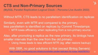 CTS and Non-Primary Sources
(MySQL Parallel Replication Logical Clock – Percona Live Austin 2022)
Without MTR, CTS leads to no parallelism identification on replicas
Similarly, even with MTR and compared to the primary,
less parallelism is identified on replicas by Commit Timestamps:
• MTR loses efficiency when replicating from a non-primary source
Also, after promoting a replica as the new primary, its binlogs have
smaller intervals than the one from the old primary:
• Using these leads to less efficient MTR (eg: after restore backup)
With SBR, no good solutions to that (except Binlog Servers)
https://medium.com/booking-com-infrastructure/better-parallel-replication-for-mysql-14e2d7857813 29
 