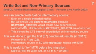 Write Set and Non-Primary Sources
(MySQL Parallel Replication Logical Clock – Percona Live Austin 2022)
We can enable Write Set on intermediary source:
• Even on a single-threaded replica
• But we should use BTDT to WRITESET because
WRITESET_SESSION would create new dependencies
(without MTR, all intervals of WRITESET_SESSION are of size one)
• This solves the CTS interval degradation on intermediary source
This was done to get the first (E*) benchmark results (in 2017):
• Primary in 5.7 (pre .22),
intermediary source in 8.0 with WRITESET, replica with MTR
This is useful to “try” MTR before big migration:
• SBR to RBR for Write Set, or 5.6 to 5.7 for MTR 35
 