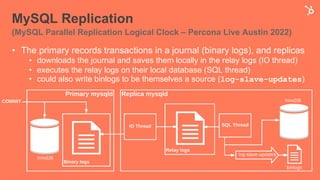 MySQL Replication
(MySQL Parallel Replication Logical Clock – Percona Live Austin 2022)
• The primary records transactions in a journal (binary logs), and replicas
• downloads the journal and saves them locally in the relay logs (IO thread)
• executes the relay logs on their local database (SQL thread)
• could also write binlogs to be themselves a source (log-slave-updates)
 