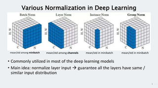 8
Various Normalization in Deep Learning
• Commonly utilized in most of the deep learning models
• Main idea: normalize layer input  guarantee all the layers have same /
similar input distribution
mean/std among minibatch mean/std among channels mean/std in minibatch mean/std in minibatch
 