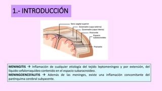 1.- INTRODUCCIÓN
MENINGITIS  Inflamación de cualquier etiología del tejido leptomeníngeo y por extensión, del
líquido cef...