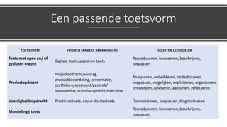 Een passende toetsvorm
TOETSVORM VORMEN (ANDERE BENAMINGEN) SOORTEN LEERDOELEN
Toets met open en/ of
gesloten vragen
Digitale toets, papieren toets
Reproduceren, benoemen, beschrijven,
toepassen
Productopdracht
Projectopdracht/verslag,
productbeoordeling, presentatie,
portfolio-assessment/gesprek/
beoordeling, criteriumgericht interview
Analyseren, ontwikkelen, onderbouwen,
toepassen, vergelijken, expliciteren, organiseren,
ontwerpen, adviseren, aantonen, reflecteren
Vaardigheidsopdracht Practicumtoets, casus-dossiertoets Demonstreren, toepassen, diagnosticeren
Mondelinge toets
Reproduceren, benoemen, beschrijven,
toepassen
 