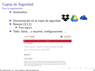 Copias de Seguridad
Para la organización
I Automático
I Sincronización no es copia de seguridad
I Remoto (3,2,1)
I Pero...