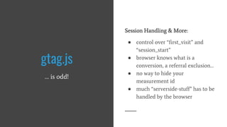 gtag.js
… is odd!
Session Handling & More:
● control over “first_visit” and
“session_start”
● browser knows what is a
conversion, a referral exclusion…
● no way to hide your
measurement id
● much “serverside-stuff” has to be
handled by the browser
 