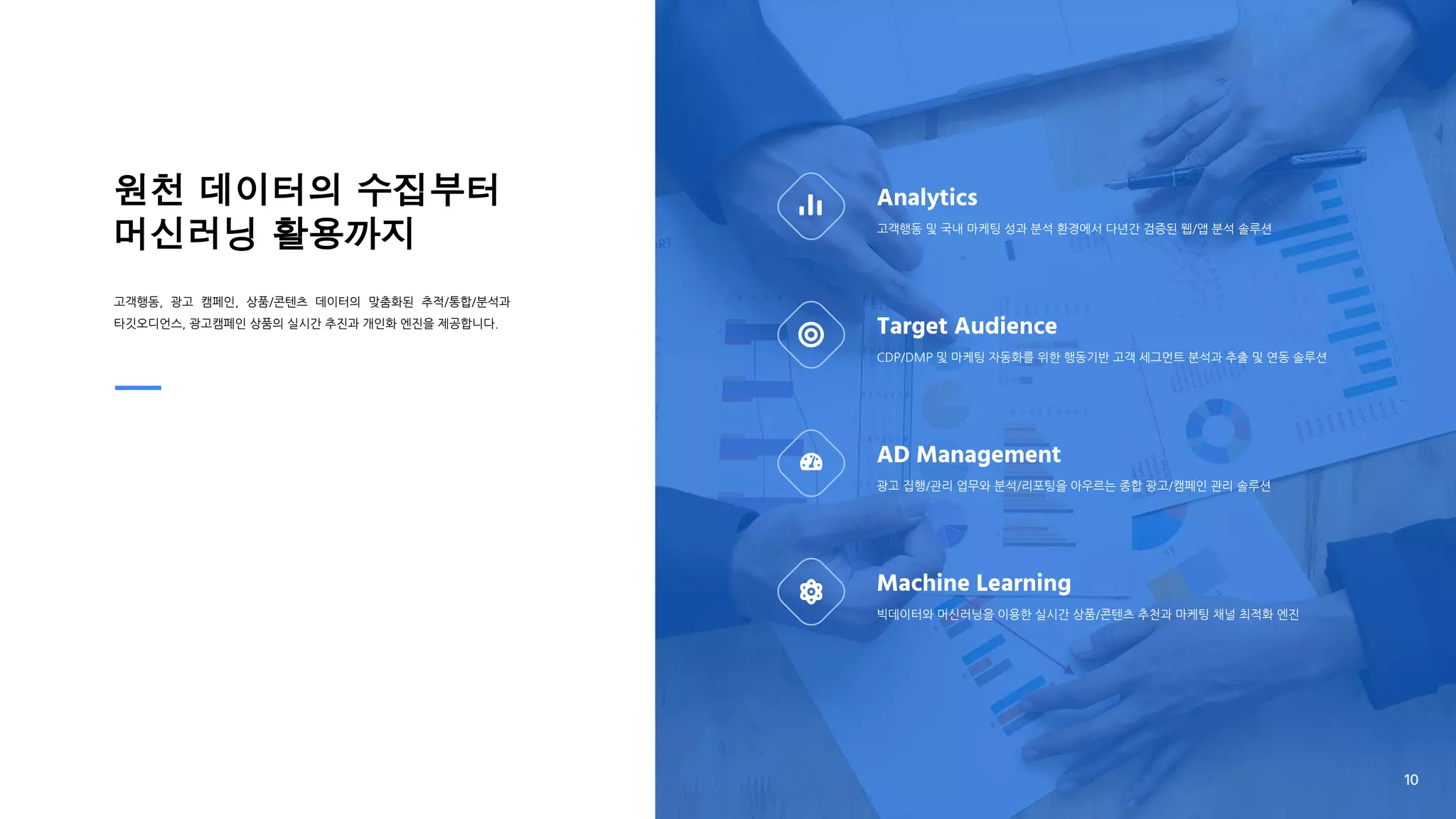 원천 데이터의 수집부터
머신러닝 활용까지
고객행동, 광고 캠페인, 상품/콘텐츠 데이터의 맞춤화된 추적/통합/분석과
타깃오디언스, 광고캠페인 상품의 실시간 추진과 개인화 엔진을 제공합니다.
Analytics
고객행동 및 국내 마케팅 성과 분석 환경에서 다년간 검증된 웹/앱 분석 솔루션
Target Audience
CDP/DMP 및 마케팅 자동화를 위한 행동기반 고객 세그먼트 분석과 추출 및 연동 솔루션
AD Management
광고 집행/관리 업무와 분석/리포팅을 아우르는 종합 광고/캠페인 관리 솔루션
Machine Learning
빅데이터와 머신러닝을 이용한 실시간 상품/콘텐츠 추천과 마케팅 채널 최적화 엔진
10
 