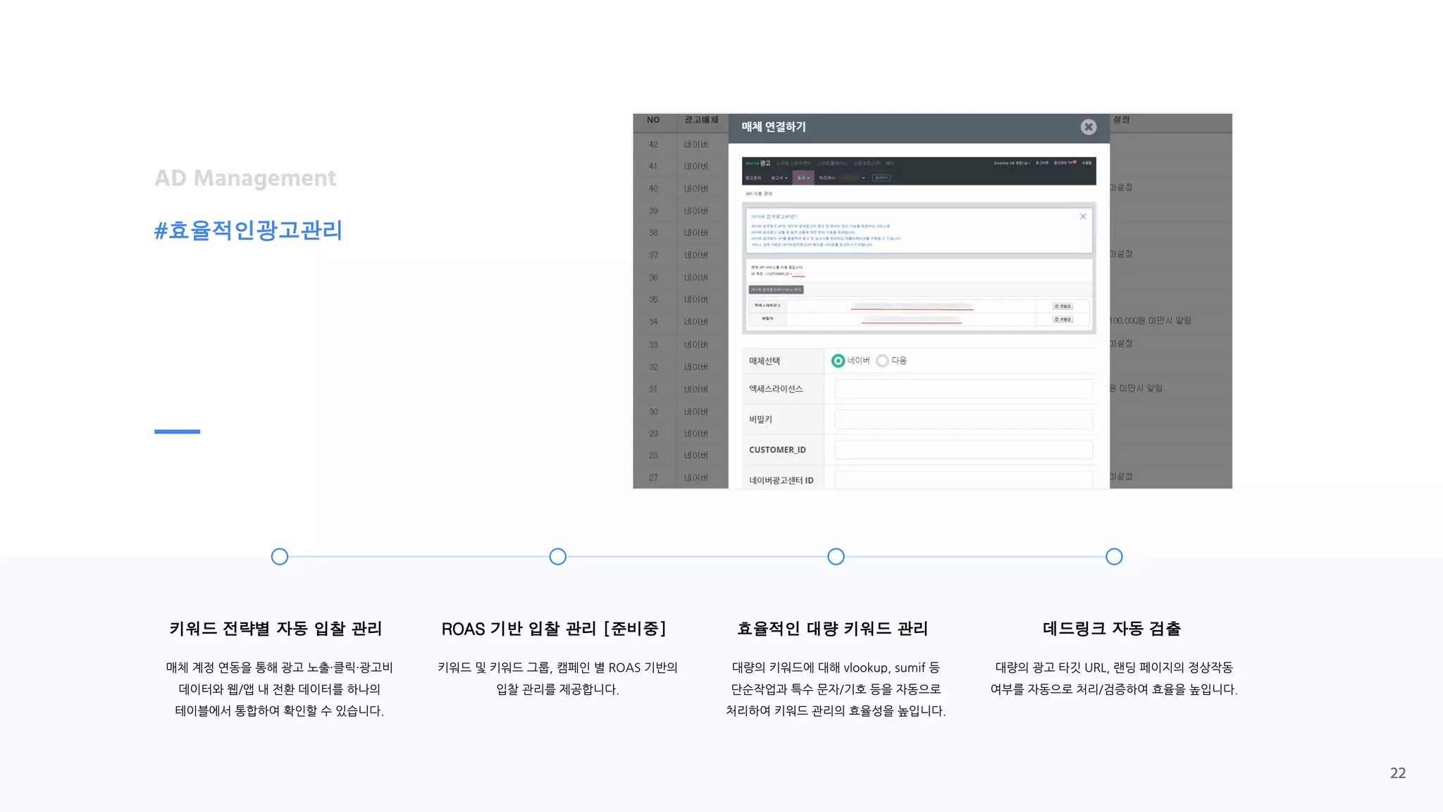 ROAS 기반 입찰 관리 [준비중]
키워드 및 키워드 그룹, 캠페인 별 ROAS 기반의
입찰 관리를 제공합니다.
데드링크 자동 검출
대량의 광고 타깃 URL, 랜딩 페이지의 정상작동
여부를 자동으로 처리/검증하여 효율을 높입니다.
효율적인 대량 키워드 관리
대량의 키워드에 대해 vlookup, sumif 등
단순작업과 특수 문자/기호 등을 자동으로
처리하여 키워드 관리의 효율성을 높입니다.
#효율적인광고관리
키워드 전략별 자동 입찰 관리
매체 계정 연동을 통해 광고 노출·클릭·광고비
데이터와 웹/앱 내 전환 데이터를 하나의
테이블에서 통합하여 확인할 수 있습니다.
AD Management
22
 