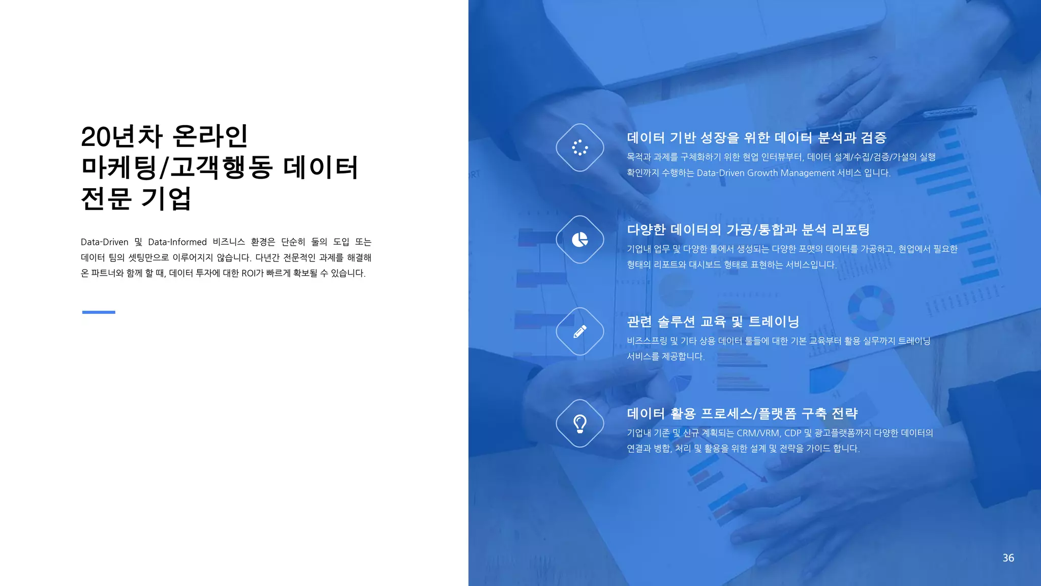 20년차 온라인
마케팅/고객행동 데이터
전문 기업
Data-Driven 및 Data-Informed 비즈니스 환경은 단순히 둘의 도입 또는
데이터 팀의 셋팅만으로 이루어지지 않습니다. 다년간 전문적인 과제를 해결해
온 파트너와 함께 할 때, 데이터 투자에 대한 ROI가 빠르게 확보될 수 있습니다.
데이터 기반 성장을 위한 데이터 분석과 검증
목적과 과제를 구체화하기 위한 현업 인터뷰부터, 데이터 설계/수집/검증/가설의 실행
확인까지 수행하는 Data-Driven Growth Management 서비스 입니다.
다양한 데이터의 가공/통합과 분석 리포팅
기업내 업무 및 다양한 툴에서 생성되는 다양한 포맷의 데이터를 가공하고, 현업에서 필요한
형태의 리포트와 대시보드 형태로 표현하는 서비스입니다.
관련 솔루션 교육 및 트레이닝
비즈스프링 및 기타 상용 데이터 툴들에 대한 기본 교육부터 활용 실무까지 트레이닝
서비스를 제공합니다.
데이터 활용 프로세스/플랫폼 구축 전략
기업내 기존 및 신규 계획되는 CRM/VRM, CDP 및 광고플랫폼까지 다양한 데이터의
연결과 병합, 처리 및 활용을 위한 설계 및 전략을 가이드 합니다.
36
 