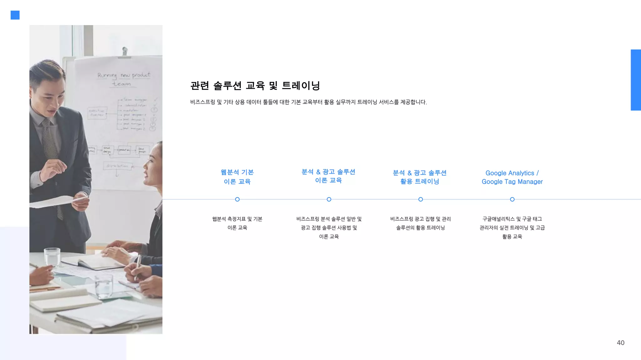 웹분석 측정지표 및 기본
이론 교육
비즈스프링 분석 솔루션 일반 및
광고 집행 솔루션 사용법 및
이론 교육
비즈스프링 광고 집행 및 관리
솔루션의 활용 트레이닝
관련 솔루션 교육 및 트레이닝
비즈스프링 및 기타 상용 데이터 툴들에 대한 기본 교육부터 활용 실무까지 트레이닝 서비스를 제공합니다.
구글애널리틱스 및 구글 태그
관리자의 실전 트레이닝 및 고급
활용 교육
웹분석 기본
이론 교육
분석 & 광고 솔루션
이론 교육
분석 & 광고 솔루션
활용 트레이닝
Google Analytics /
Google Tag Manager
40
 