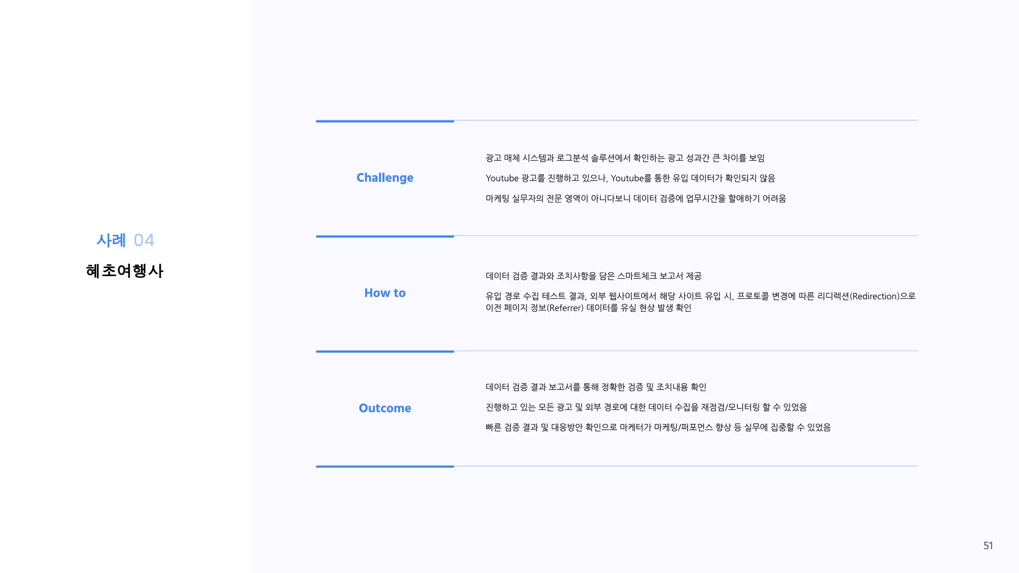 광고 매체 시스템과 로그분석 솔루션에서 확인하는 광고 성과간 큰 차이를 보임
Youtube 광고를 진행하고 있으나, Youtube를 통한 유입 데이터가 확인되지 않음
마케팅 실무자의 전문 영역이 아니다보니 데이터 검증에 업무시간을 할애하기 어려움
Challenge
How to
Outcome
데이터 검증 결과와 조치사항을 담은 스마트체크 보고서 제공
유입 경로 수집 테스트 결과, 외부 웹사이트에서 해당 사이트 유입 시, 프로토콜 변경에 따른 리디렉션(Redirection)으로
이전 페이지 정보(Referrer) 데이터를 유실 현상 발생 확인
데이터 검증 결과 보고서를 통해 정확한 검증 및 조치내용 확인
진행하고 있는 모든 광고 및 외부 경로에 대한 데이터 수집을 재점검/모니터링 할 수 있었음
빠른 검증 결과 및 대응방안 확인으로 마케터가 마케팅/퍼포먼스 향상 등 실무에 집중할 수 있었음
사례 04
혜초여행사
51
 