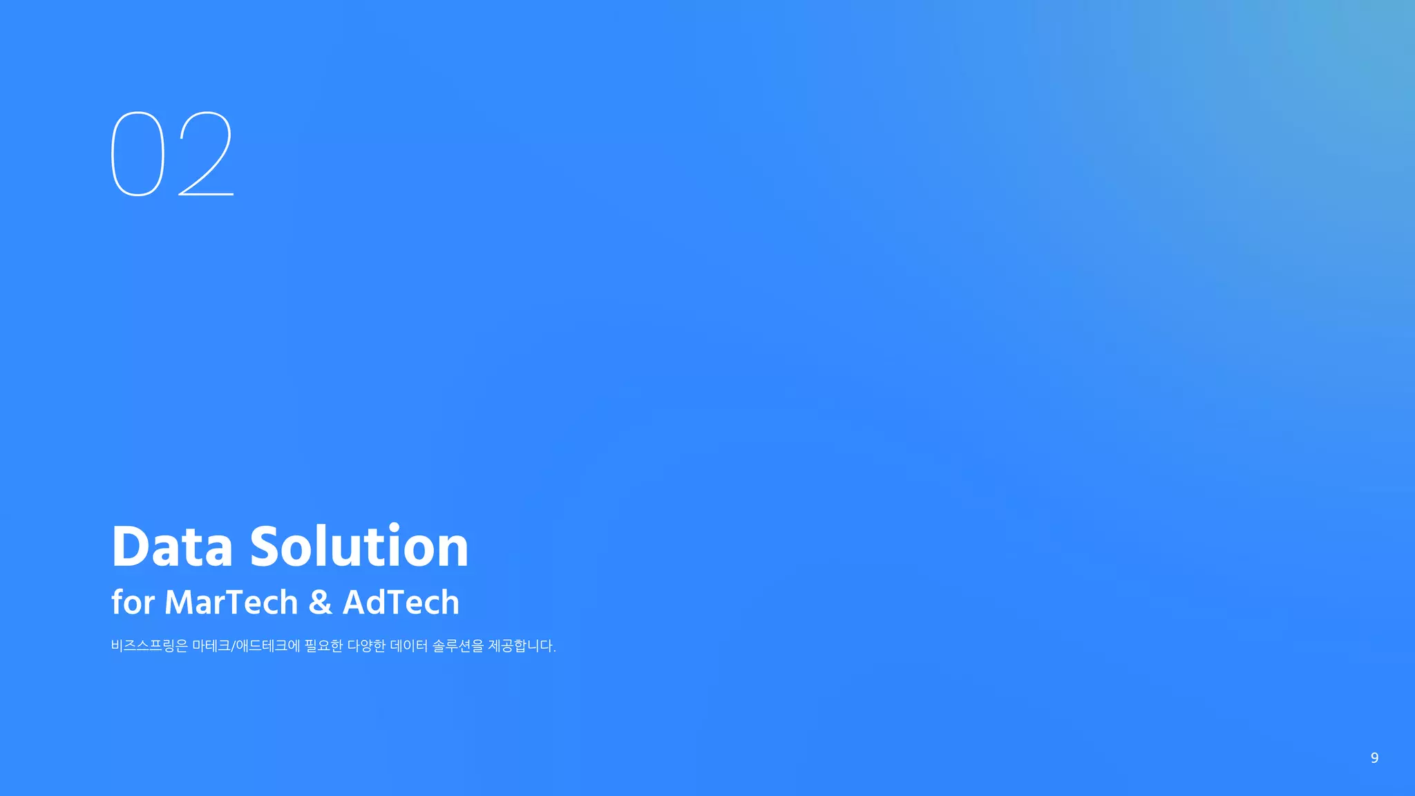02
Data Solution
for MarTech & AdTech
비즈스프링은 마테크/애드테크에 필요한 다양한 데이터 솔루션을 제공합니다.
9
 
