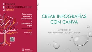 CREAR INFOGRAFÍAS
CON CANVA
MAYTE LOZANO
CENTRO UNIVERSITARIO DE LA DEFENSA
Recursos de
apoyo en el
desarrollo de
la
competencia
digital
Zaragoza
4 al 6 de julio de
2022
 
