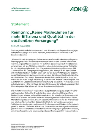Pressestatement des AOK-Bundesverbandes vom 28. Juli 2022: Reimann: „Keine Maßnahmen für mehr Effizienz und Qualität in der stationären Versorgung“