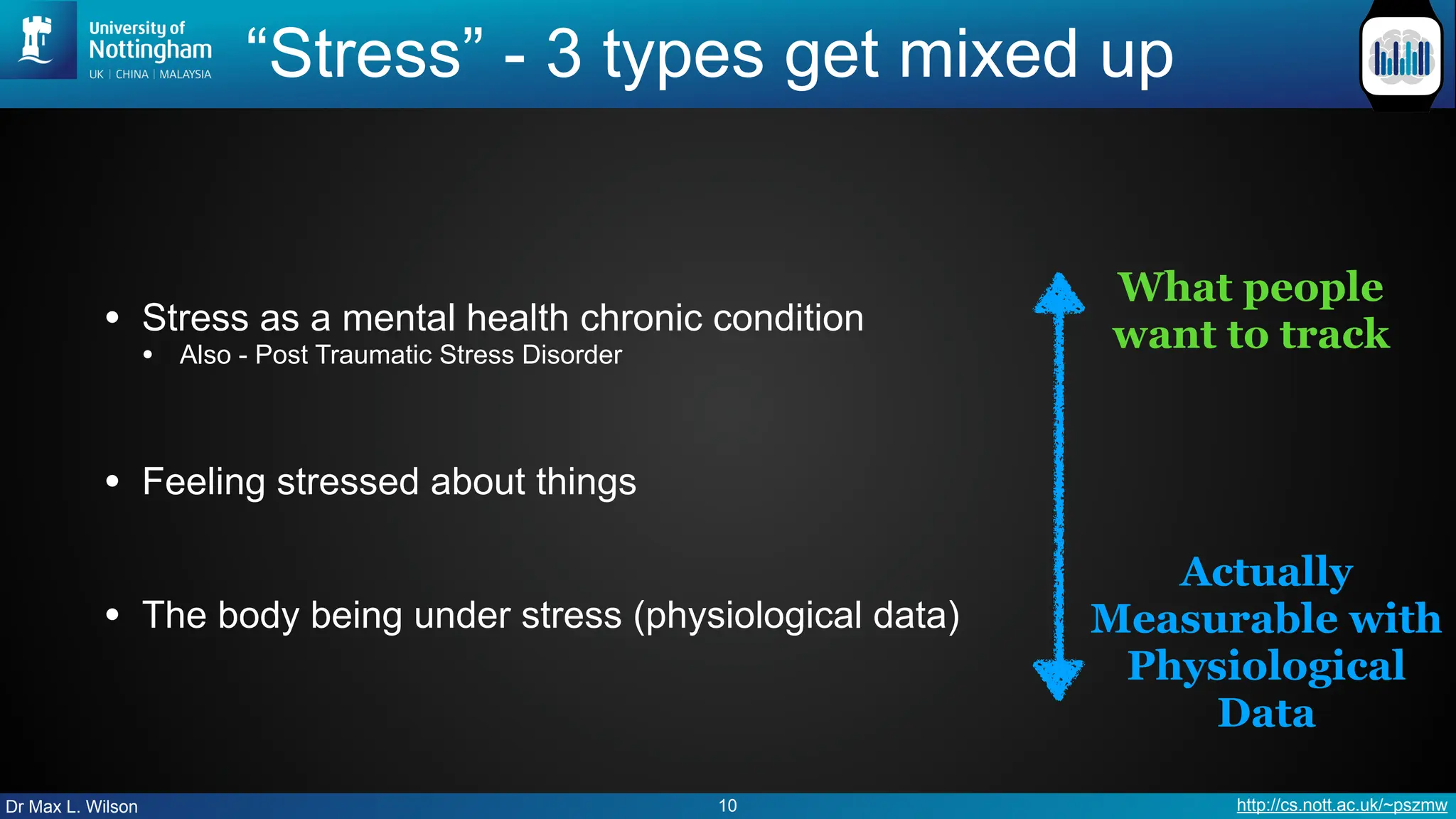 Dr Max L. Wilson http://cs.nott.ac.uk/~pszmw
“Stress” - 3 types get mixed up
• Stress as a mental health chronic condition
• Also - Post Traumatic Stress Disorder
• Feeling stressed about things
• The body being under stress (physiological data)
10
Actually
Measurable with
Physiological
Data
What people
want to track
 