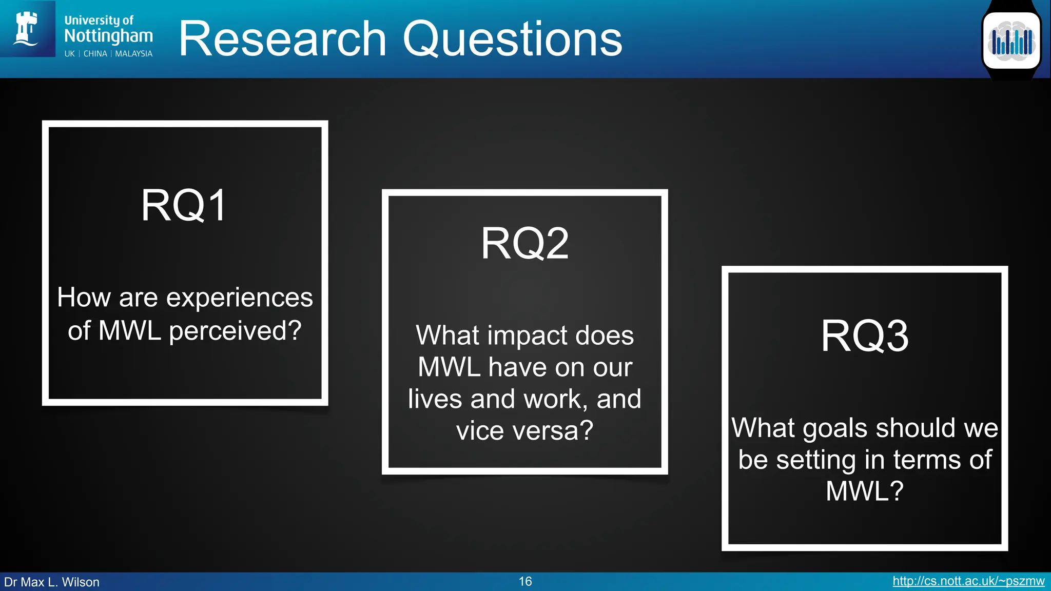 Dr Max L. Wilson http://cs.nott.ac.uk/~pszmw
Research Questions
16
RQ1
How are experiences
of MWL perceived?
RQ2
What impact does
MWL have on our
lives and work, and
vice versa?
RQ3
What goals should we
be setting in terms of
MWL?
 